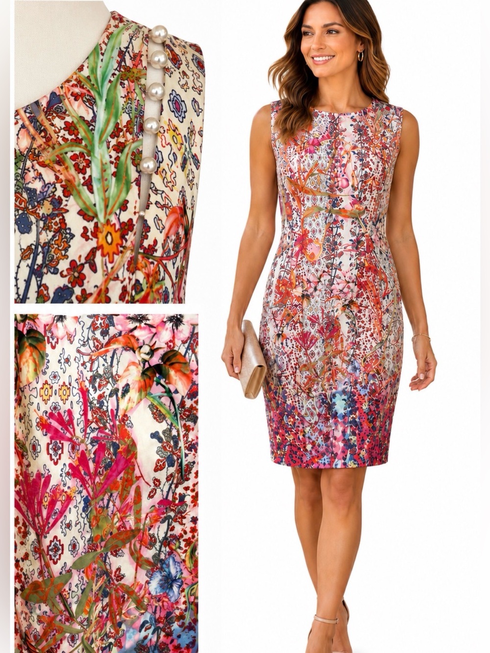 Elie Tahari, Vibrant Floral Sheath Dress with Faux Pearl Shoulder Detail, Size 8